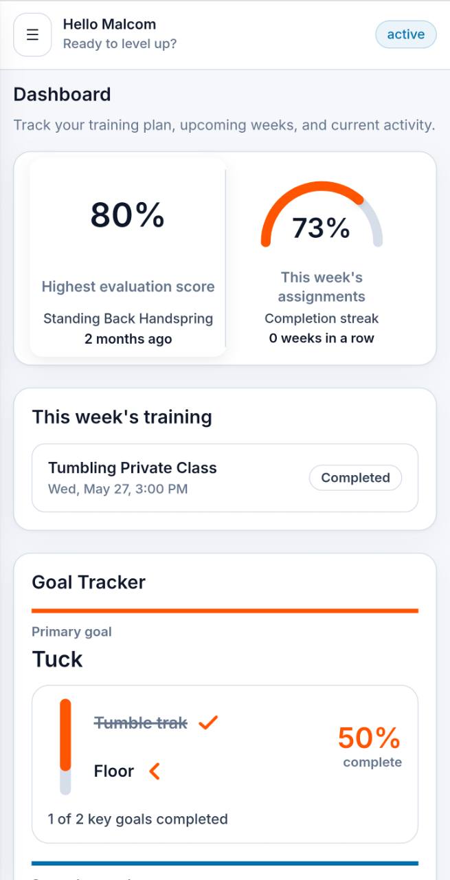 Tumbling Lab dashboard with evaluation score and assignment progress