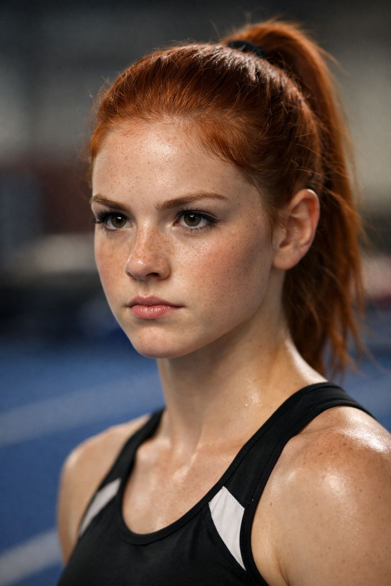 Focused red-haired athlete before tumbling practice