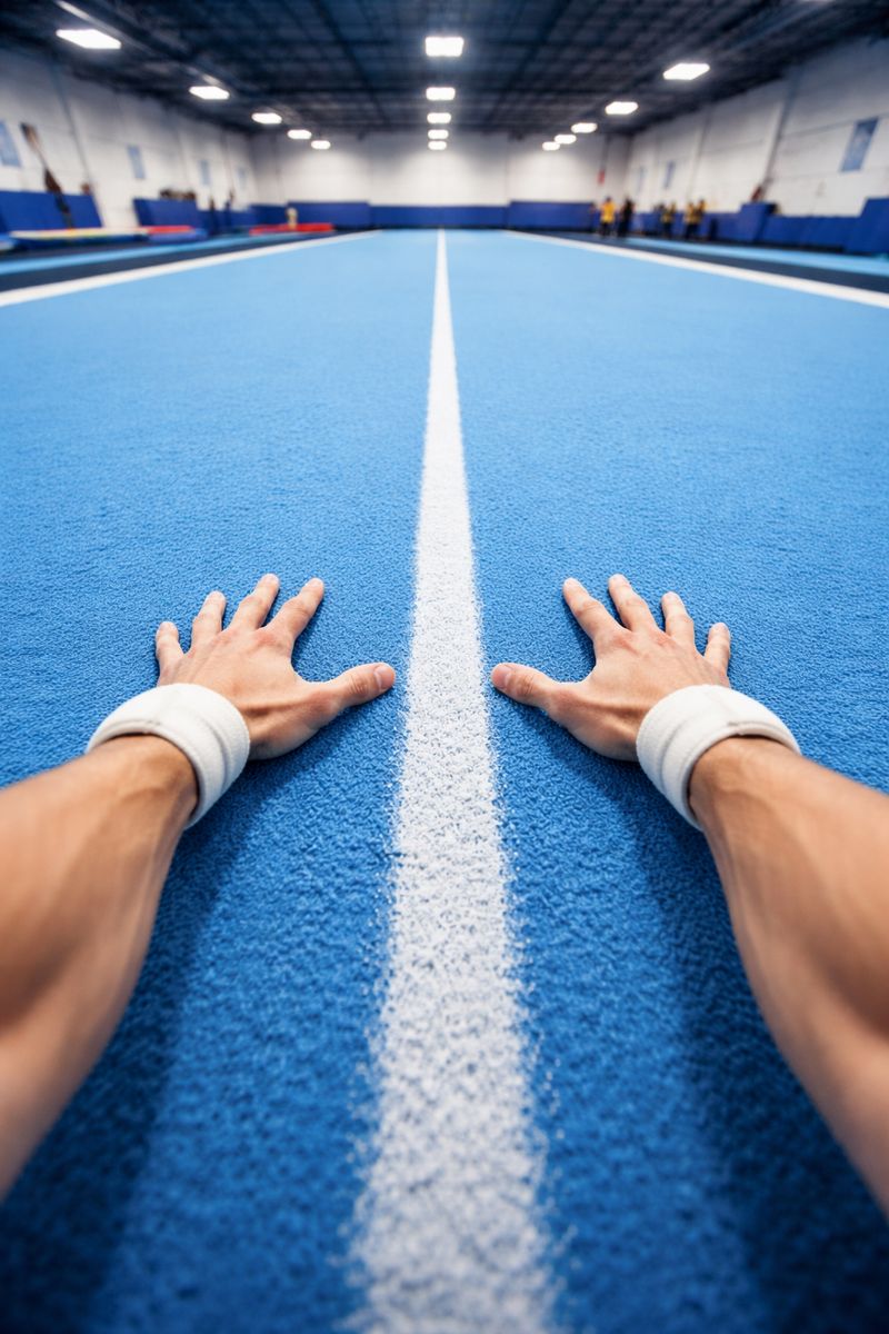 Hands placed on a blue tumbling floor before a back handspring setup